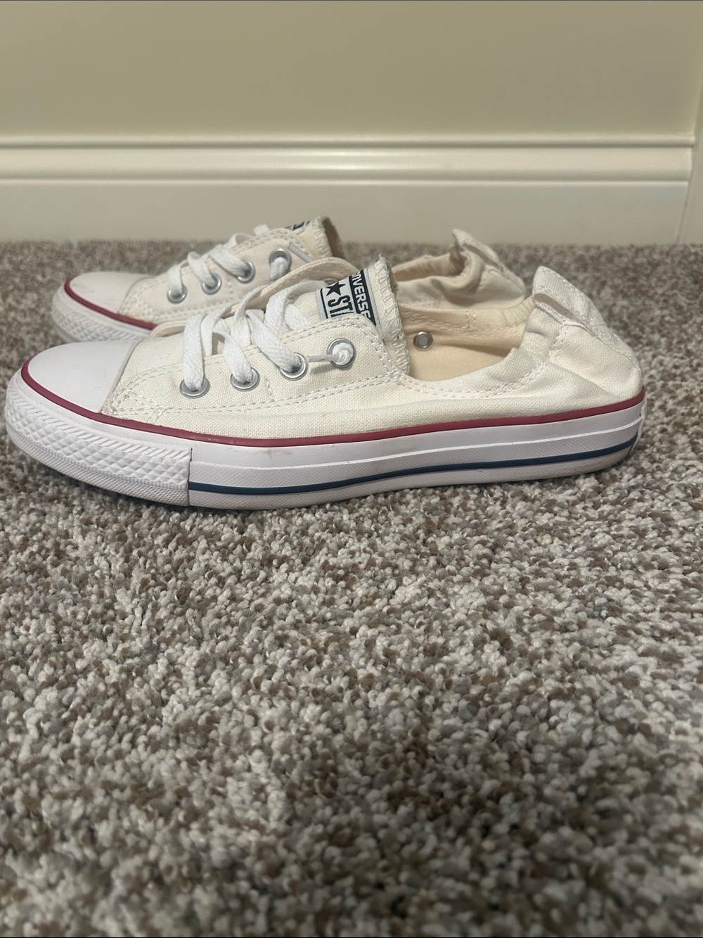 Converse Canvas Low Top Sneakers in Off-White with Red Trim, Elastic Back - Picture 2 of 4